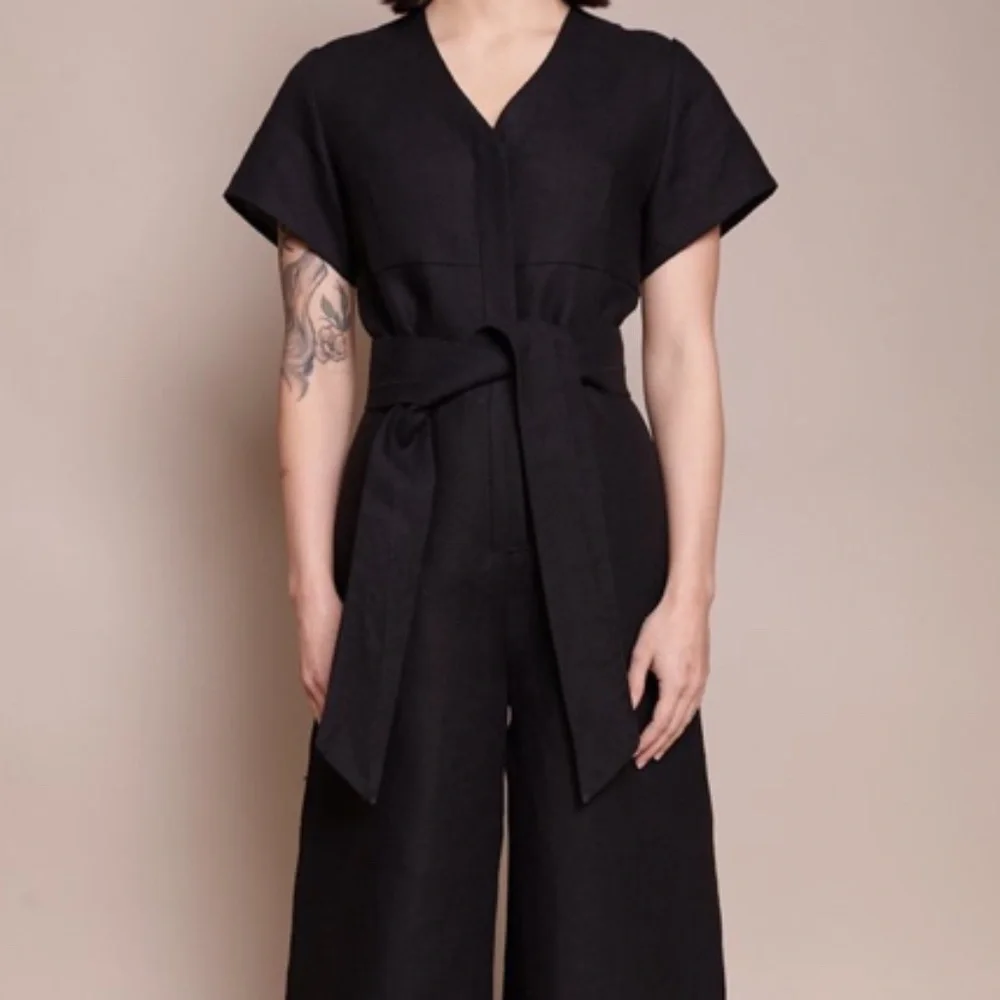 No. 6 Black Miriam V Neck Short sleeve Linen Jumpsuit - Picture 1 of 10